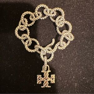 Tory Burch Silver Chain Link Bracelet with Chunky Tory Logo Charm 6.25”